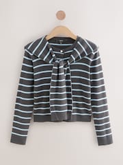 Grey/Blue Stripe Scarf Layer Crew Neck Cardigan - Image 6 of 9