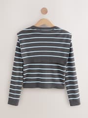 Grey/Blue Stripe Scarf Layer Crew Neck Cardigan - Image 7 of 9