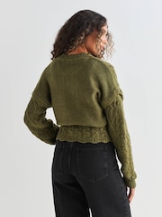 Khaki Green Stitchy Cable Tie Waist Cardigan - Image 3 of 8