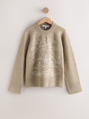 Light Khaki Landscape Scene Embroidered Outline Crew Neck Jumper - Image 6 of 8