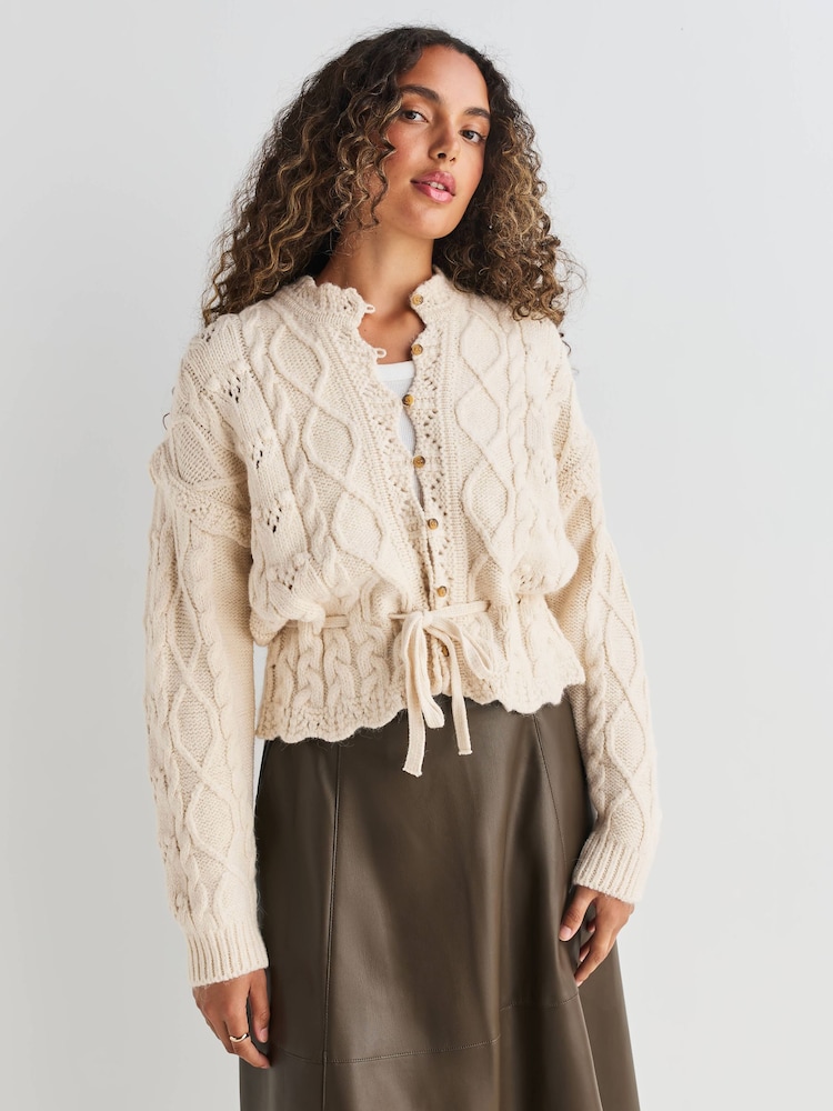 Ecru Stitchy Cable Tie Waist Cardigan - Image 1 of 6