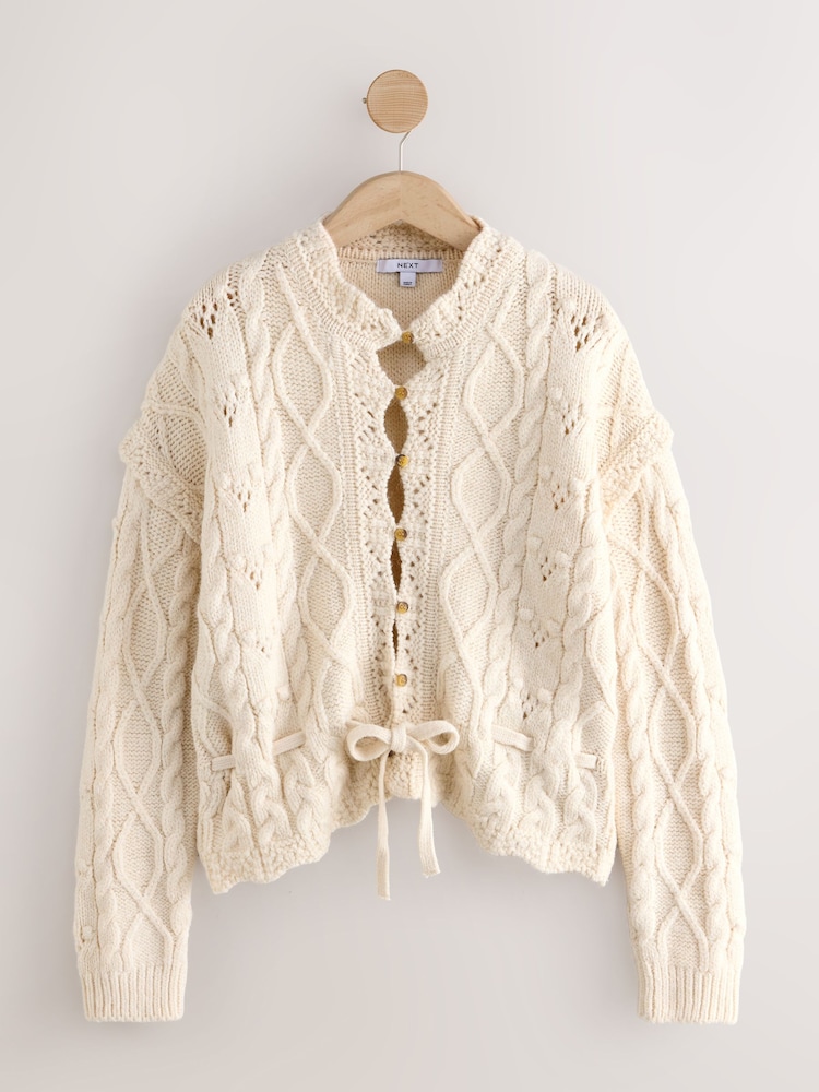 Ecru Stitchy Cable Tie Waist Cardigan - Image 6 of 6