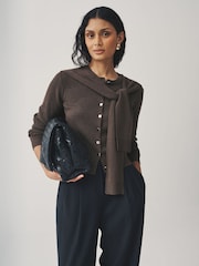 Chocolate Brown Scarf Layer Crew Neck Cardigan - Image 1 of 8