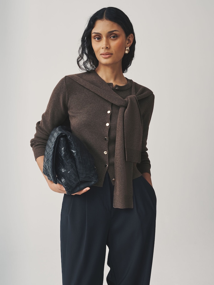 Chocolate Brown Scarf Layer Crew Neck Cardigan - Image 1 of 8