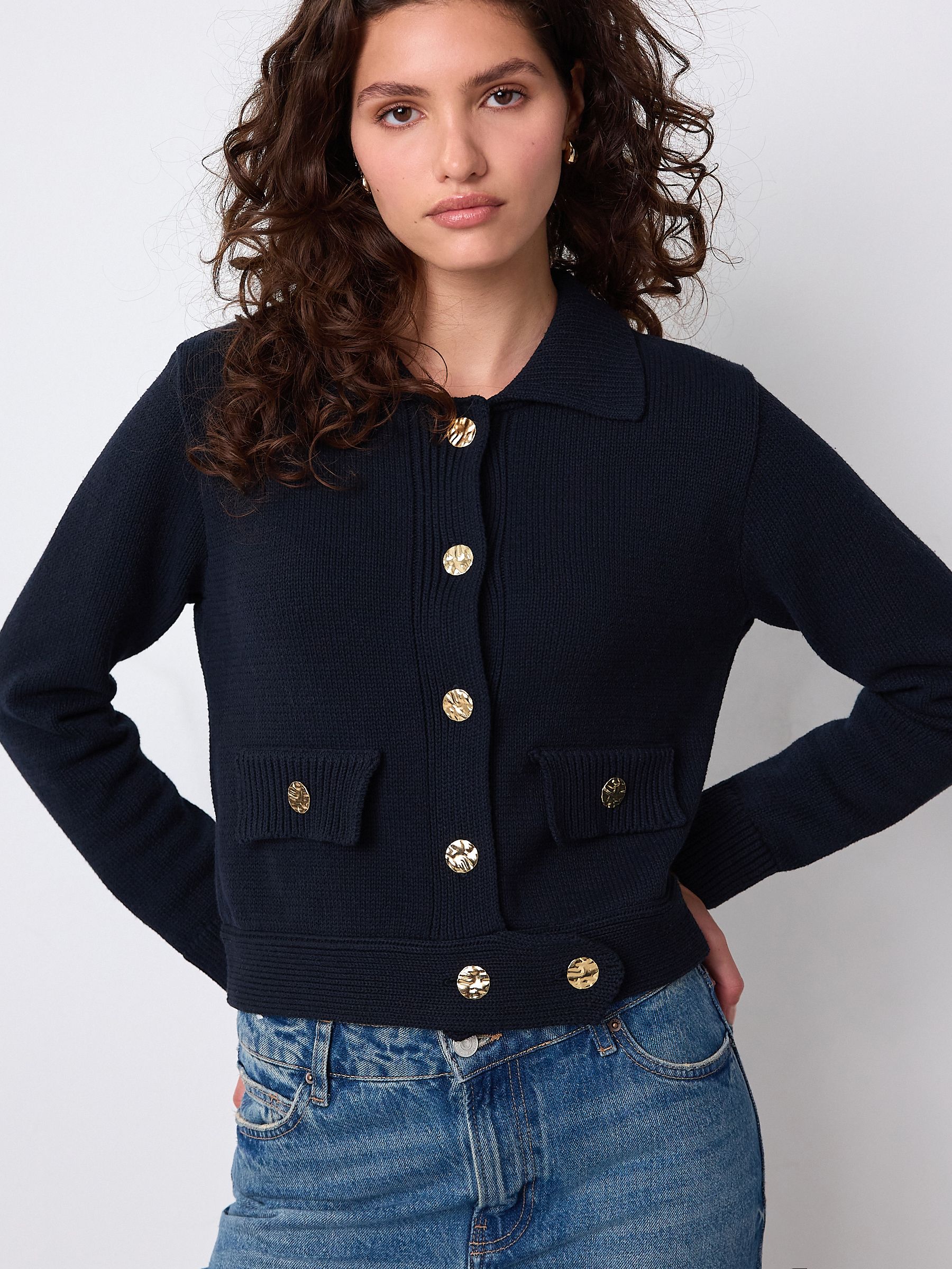 Buy Navy Blue Gold Button Collar Cardigan from the Next UK online shop