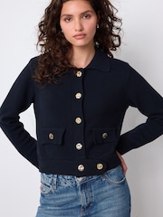 Navy Blue Gold Button Collar Cardigan - Image 1 of 7