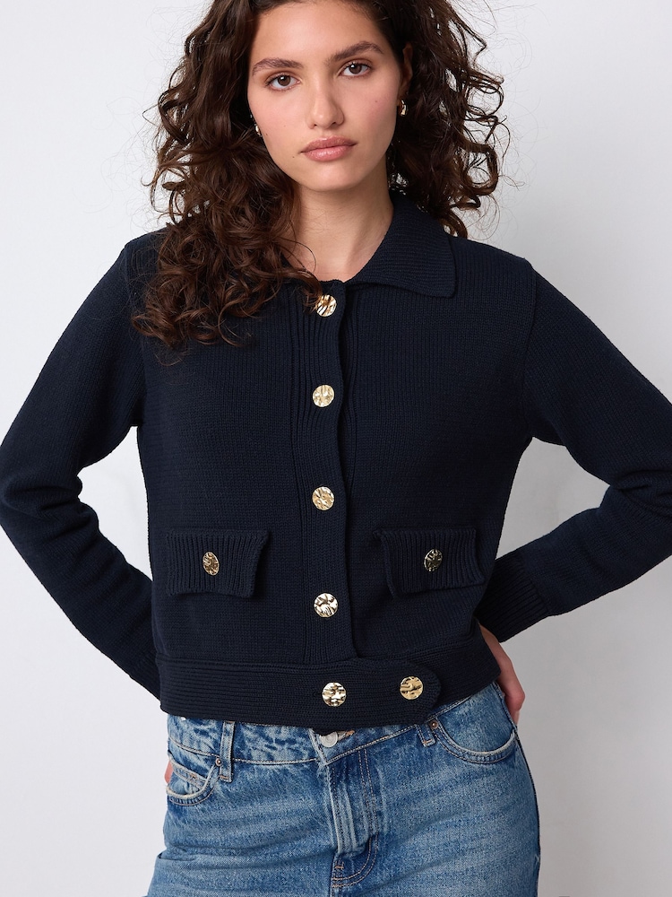 Navy Blue Gold Button Collar Cardigan - Image 1 of 7