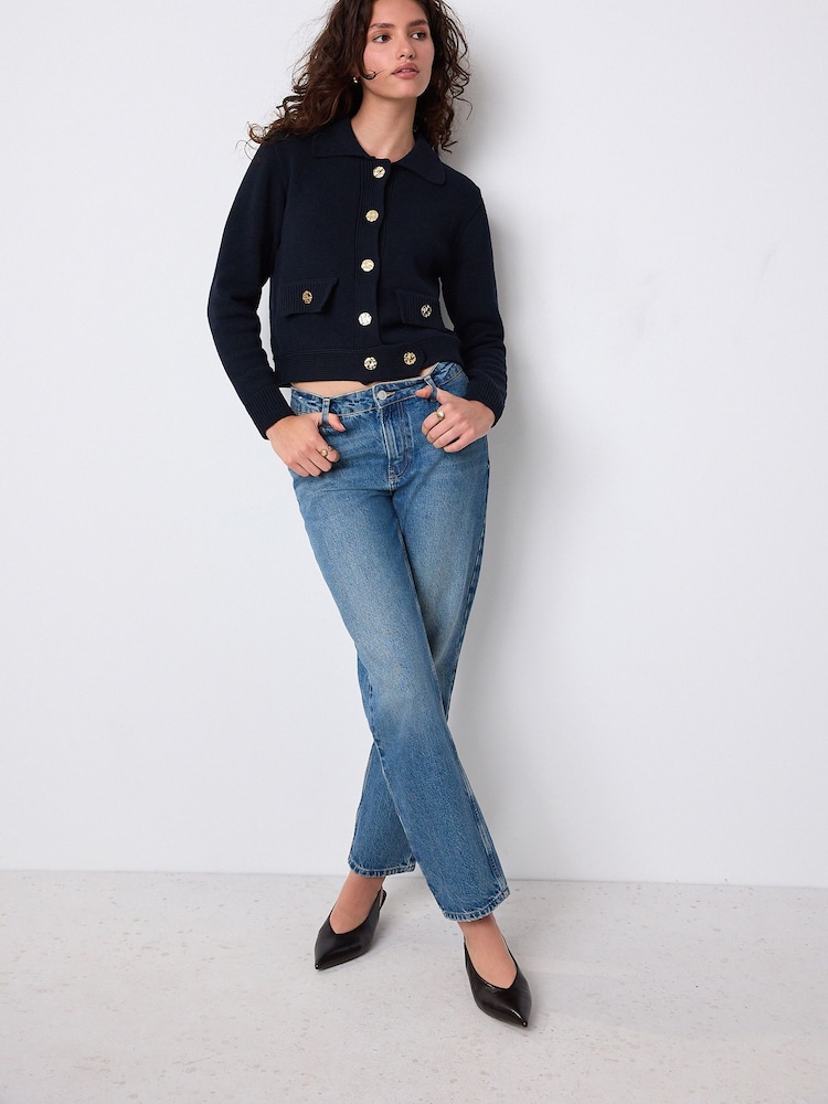 Navy Blue Gold Button Collar Cardigan - Image 2 of 7
