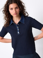 Navy Blue Denim Collar Ribbed Short Sleeve Polo Top - Image 2 of 8