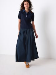 Navy Blue Denim Collar Ribbed Short Sleeve Polo Top - Image 3 of 8