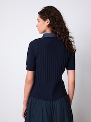 Navy Blue Denim Collar Ribbed Short Sleeve Polo Top - Image 4 of 8