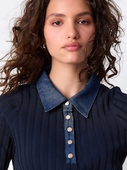 Navy Blue Denim Collar Ribbed Short Sleeve Polo Top - Image 5 of 8