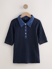 Navy Blue Denim Collar Ribbed Short Sleeve Polo Top - Image 6 of 8