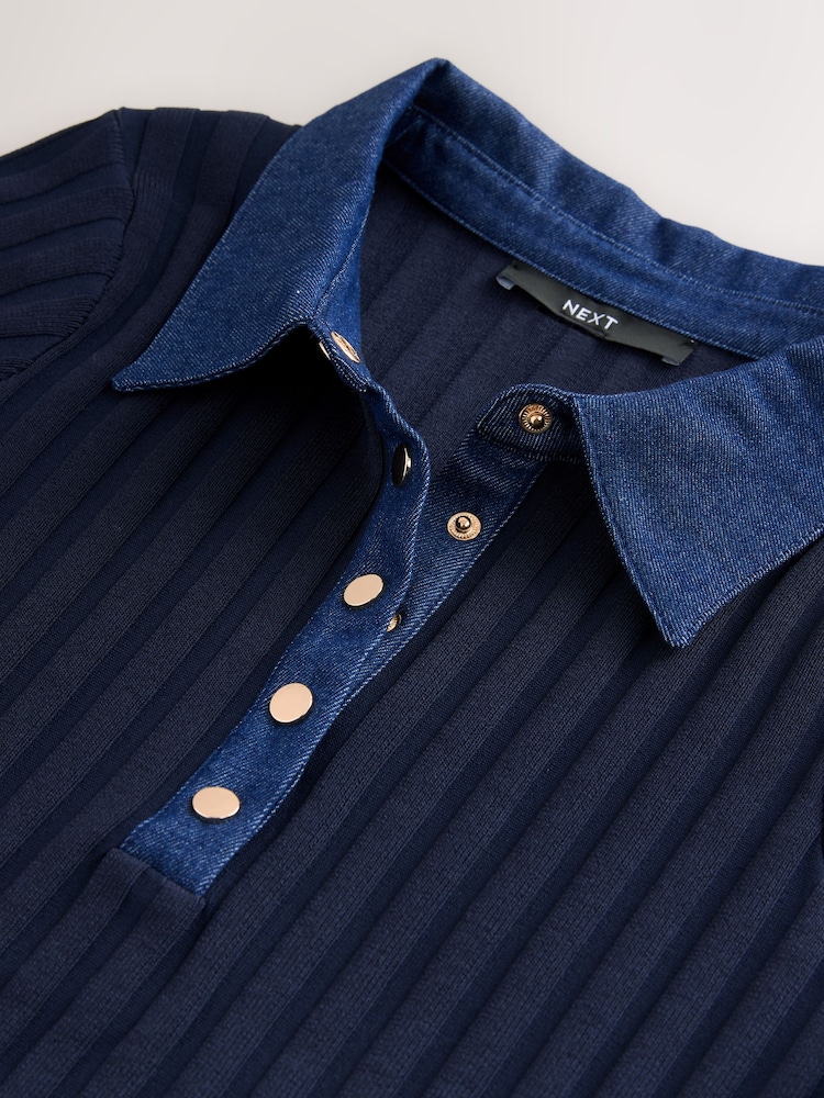 Navy Blue Denim Collar Ribbed Short Sleeve Polo Top - Image 8 of 8