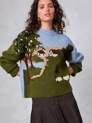 Green Multi Landscape Scene Print Crew Neck Jumper - Image 4 of 9