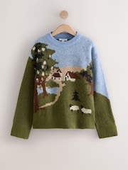 Green Multi Landscape Scene Print Crew Neck Jumper - Image 7 of 9