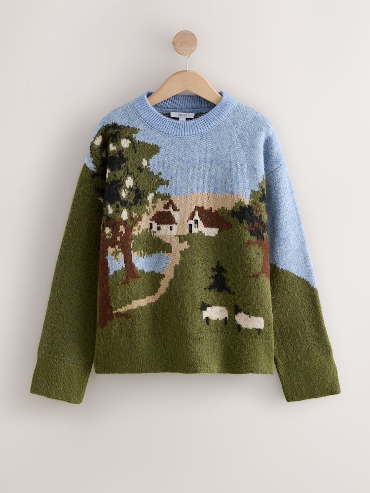 Green Multi Landscape Scene Print Crew Neck Jumper - Image 7 of 7