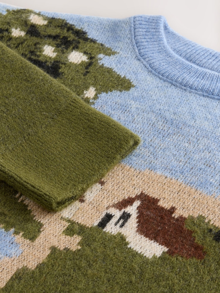 Green Multi Landscape Scene Print Crew Neck Jumper - Image 9 of 9