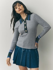 Grey Multi Ribbed Long Sleeve Polo Jumper - Image 1 of 8