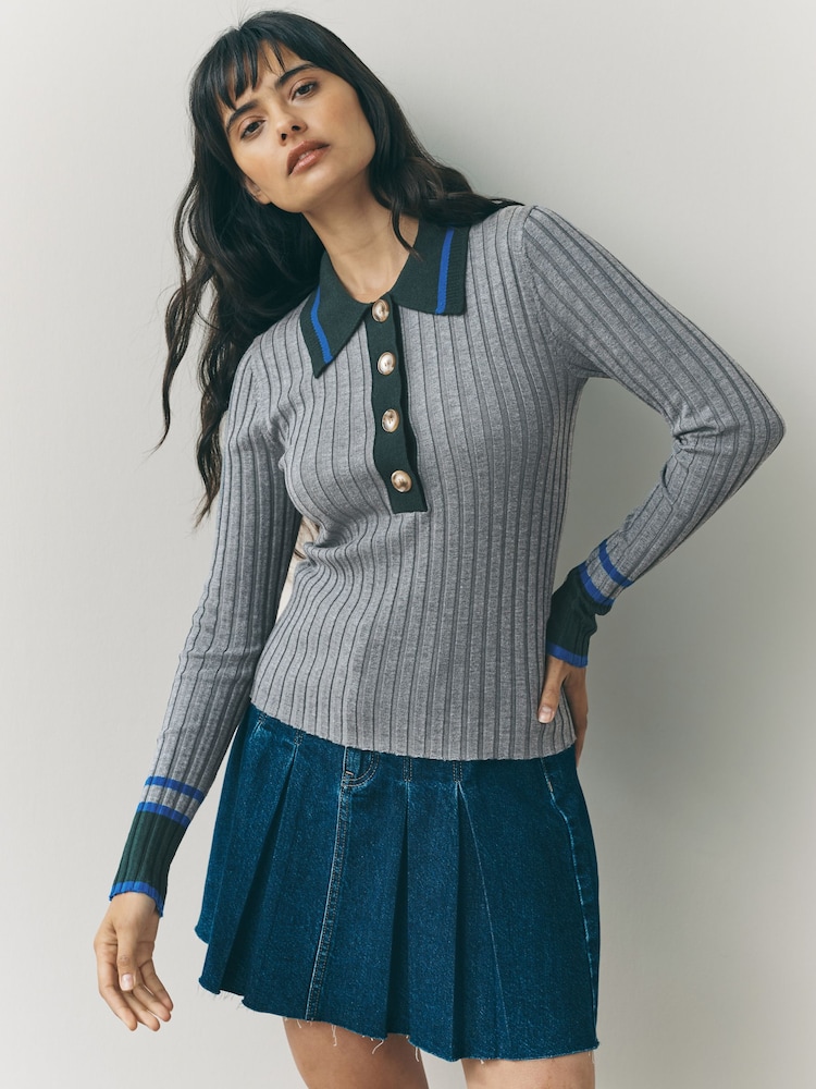 Grey Multi Ribbed Long Sleeve Polo Jumper - Image 1 of 8
