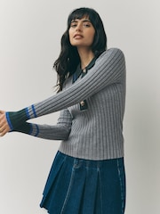 Grey Multi Ribbed Long Sleeve Polo Jumper - Image 2 of 8