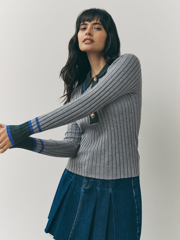 Grey Multi Ribbed Long Sleeve Polo Jumper - Image 2 of 8