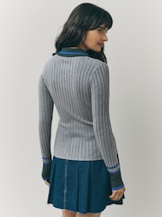 Grey Multi Ribbed Long Sleeve Polo Jumper - Image 4 of 8