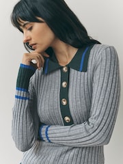 Grey Multi Ribbed Long Sleeve Polo Jumper - Image 5 of 8