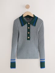 Grey Multi Ribbed Long Sleeve Polo Jumper - Image 6 of 8