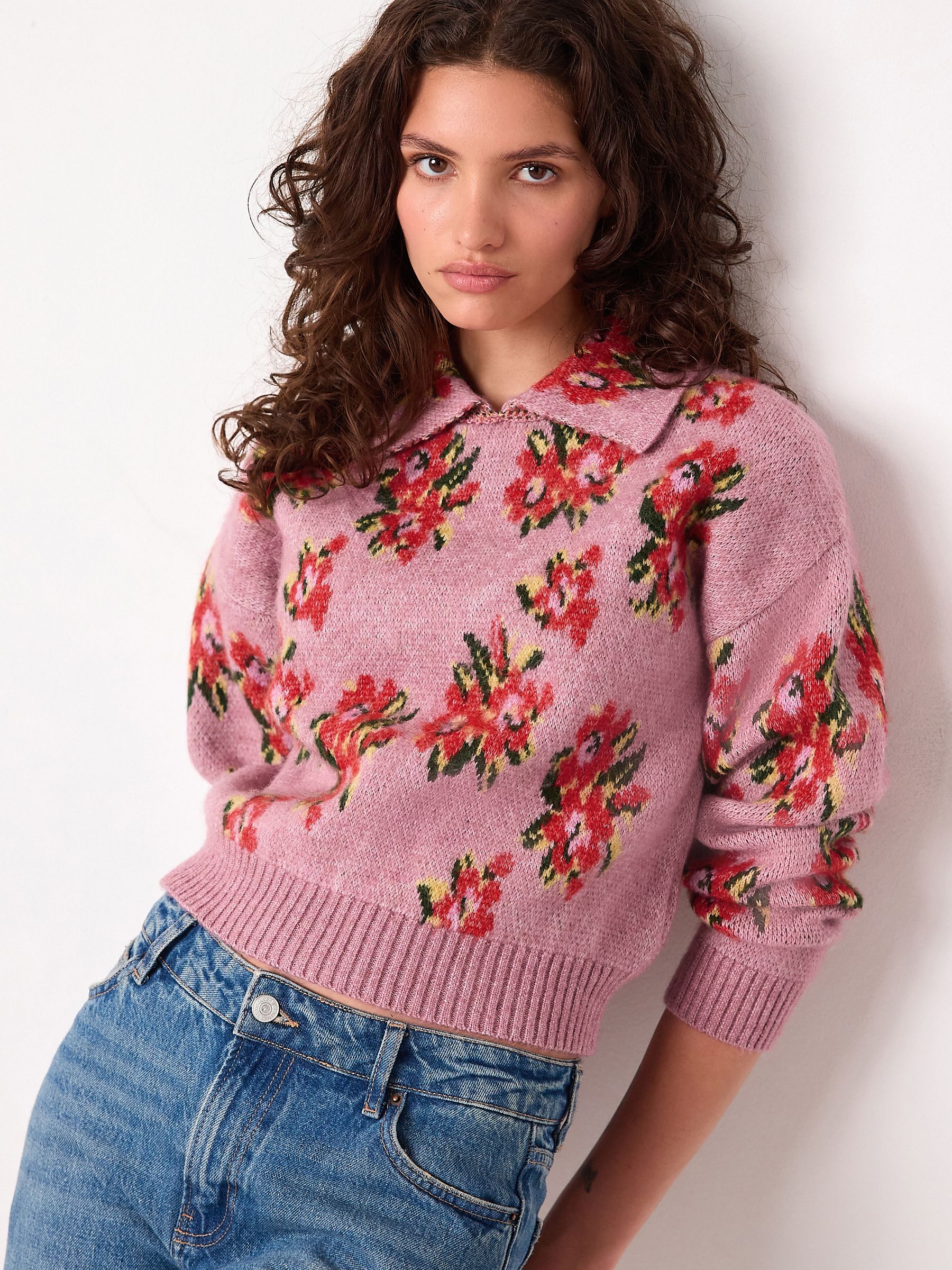 Buy Pink Floral Brushed Knitted Polo Jumper from the Next UK