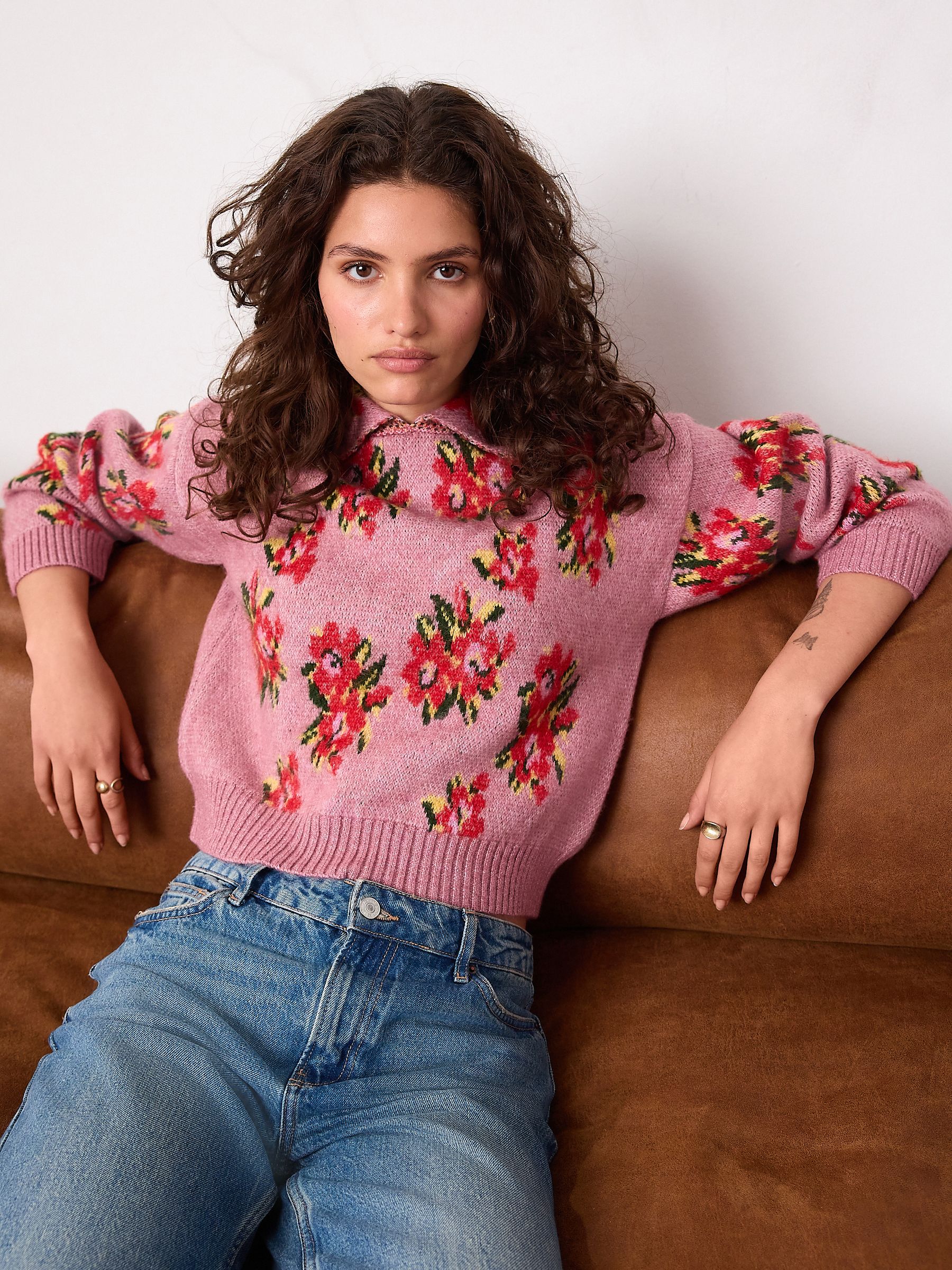 Buy Pink Floral Brushed Knitted Polo Jumper from the Next UK