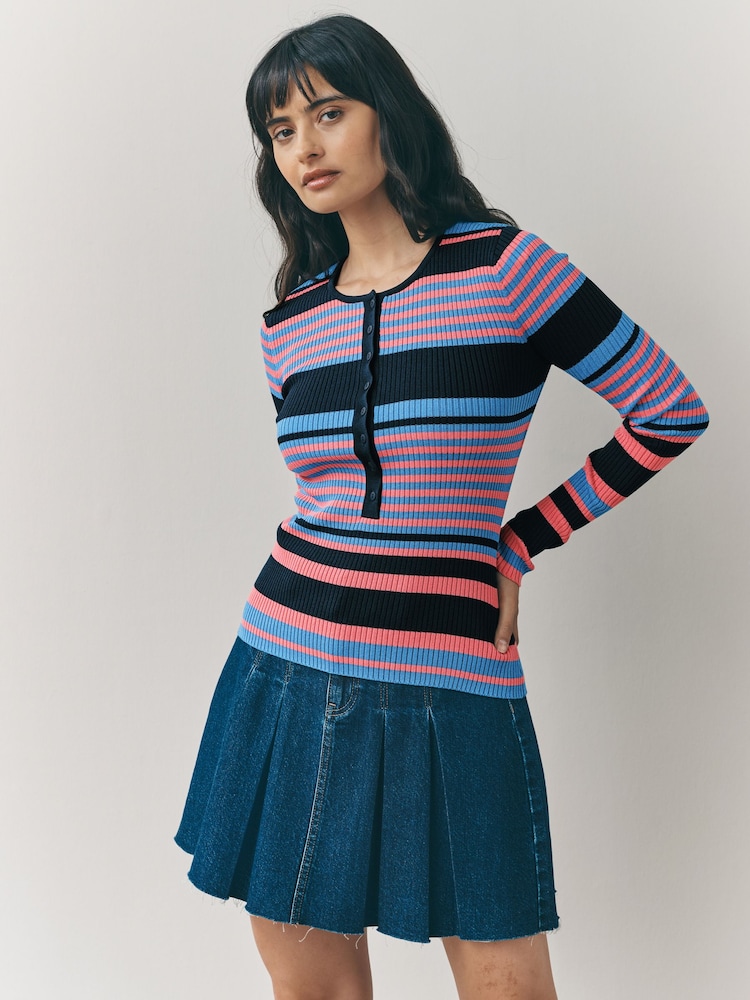 Blue Multi Stripe Ribbed Crew Neck Long Sleeve Henley Jumper - Image 1 of 7