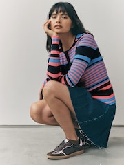 Blue Multi Stripe Ribbed Crew Neck Long Sleeve Henley Jumper - Image 2 of 7