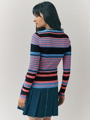 Blue Multi Stripe Ribbed Crew Neck Long Sleeve Henley Jumper - Image 3 of 7
