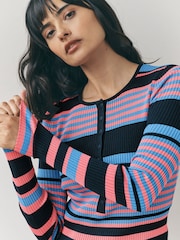 Blue Multi Stripe Ribbed Crew Neck Long Sleeve Henley Jumper - Image 4 of 7