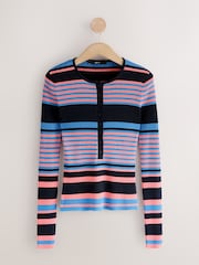 Blue Multi Stripe Ribbed Crew Neck Long Sleeve Henley Jumper - Image 5 of 7