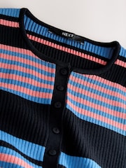 Blue Multi Stripe Ribbed Crew Neck Long Sleeve Henley Jumper - Image 6 of 7