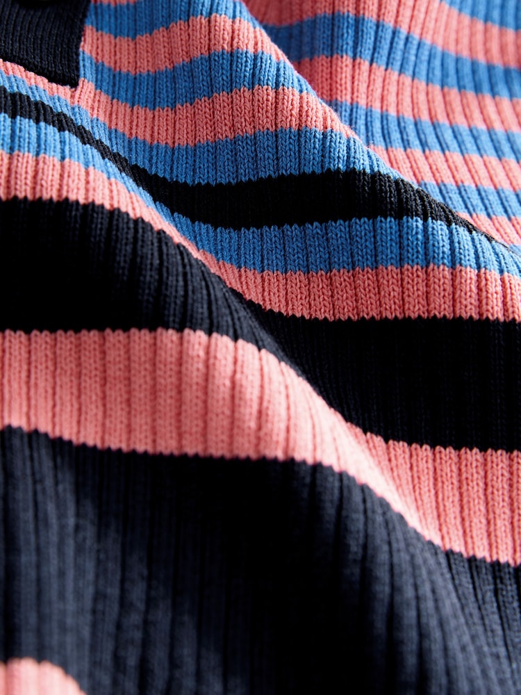 Blue Multi Stripe Ribbed Crew Neck Long Sleeve Henley Jumper - Image 7 of 7