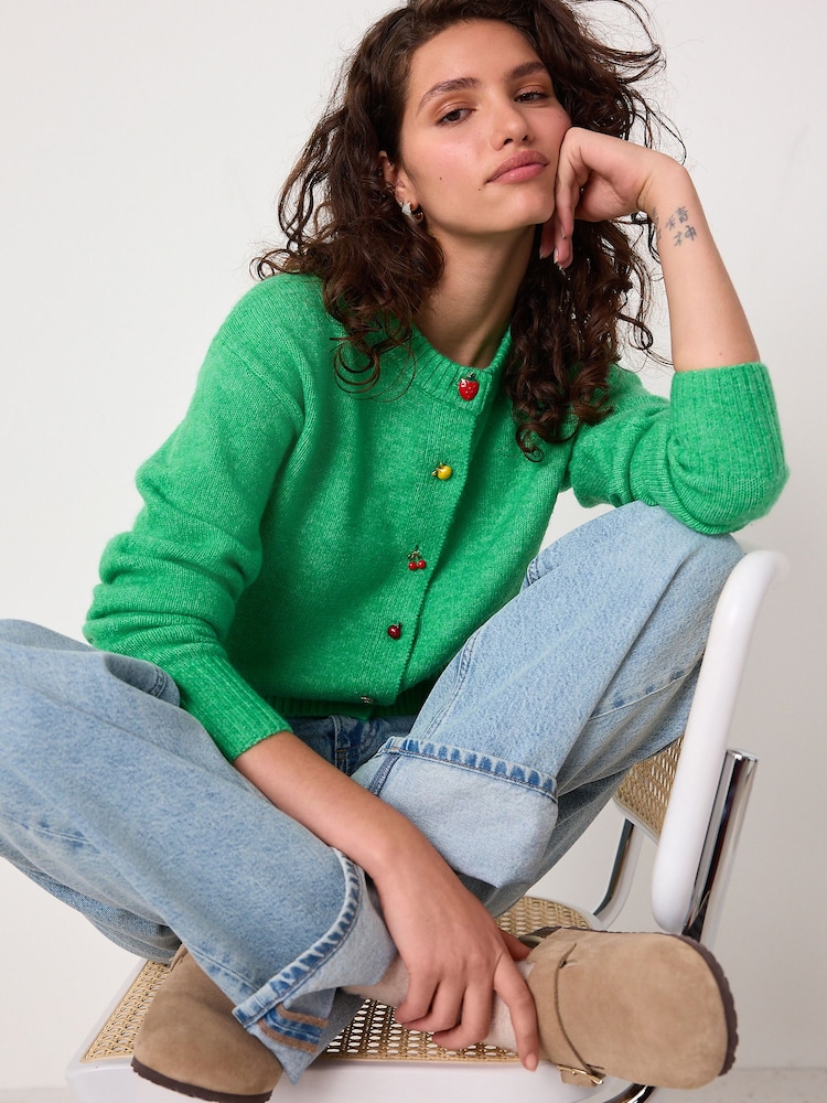 Bright Green Fruit Buttons Crew Neck Knitted Cardigan - Image 1 of 7