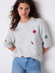 Grey Vegetable Embroidery Crew Neck Knitted T-Shirt - Image 1 of 8