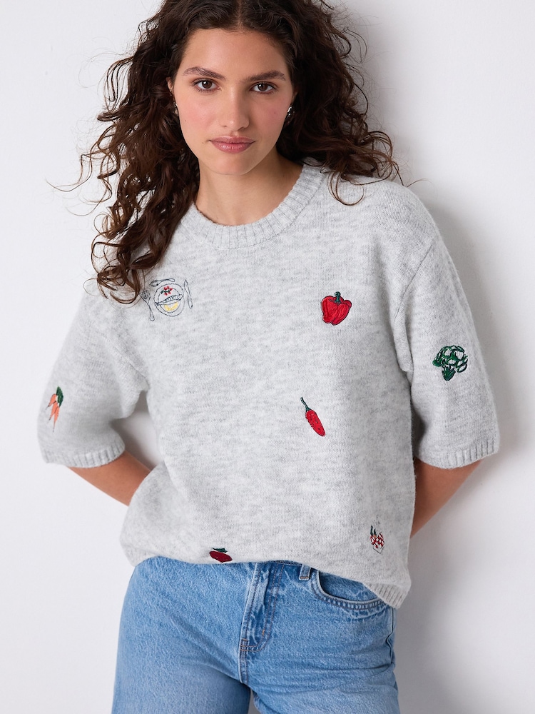 Grey Vegetable Embroidery Crew Neck Knitted T-Shirt - Image 1 of 8