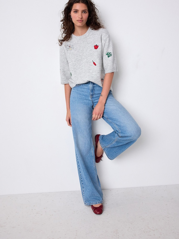 Grey Vegetable Embroidery Crew Neck Knitted T-Shirt - Image 2 of 8