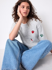 Grey Vegetable Embroidery Crew Neck Knitted T-Shirt - Image 3 of 8