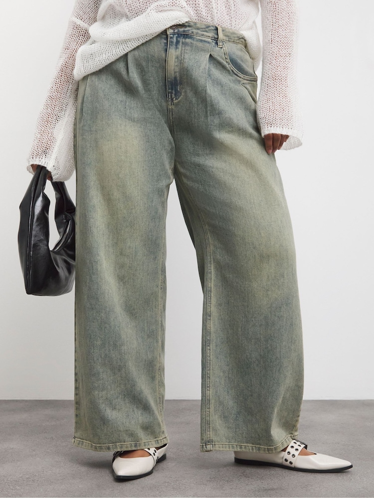 Simply Be Green Tint Double Pleat Detail Wide Leg Jeans - Image 1 of 4