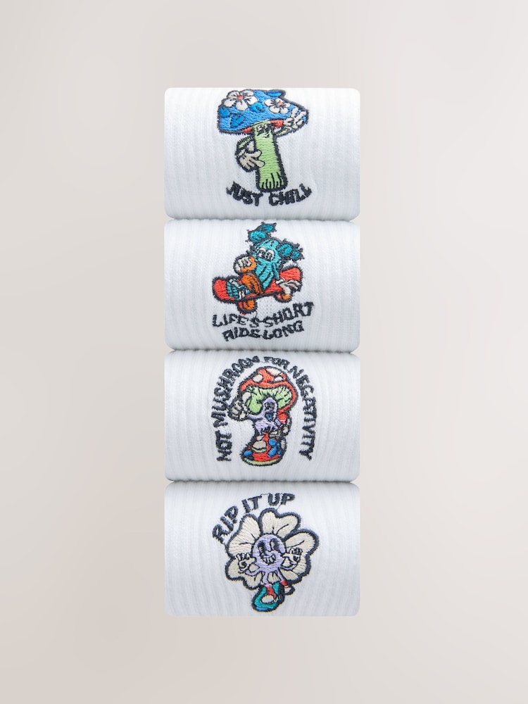 White Mushroom Embroidered Sports Socks 4 Pack - Image 1 of 3