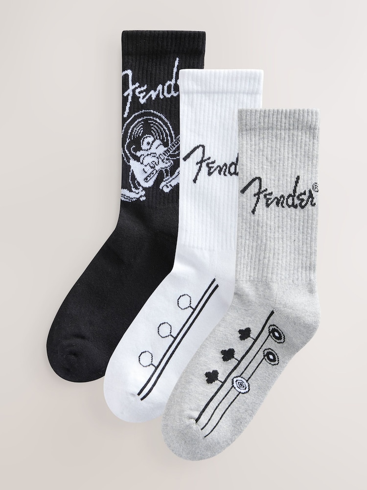 Black/White/Grey Fender License Pattern Sports Socks 3 Pack - Image 2 of 6