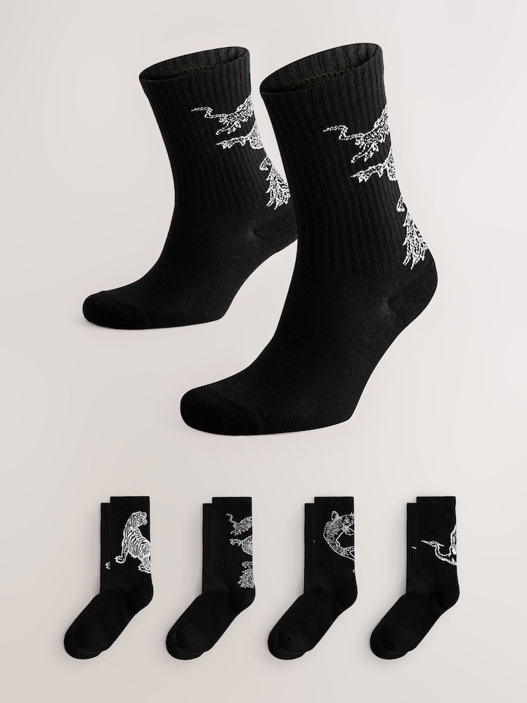 Black Japanese Animal Pattern Sports Socks 4 Pack - Image 1 of 9