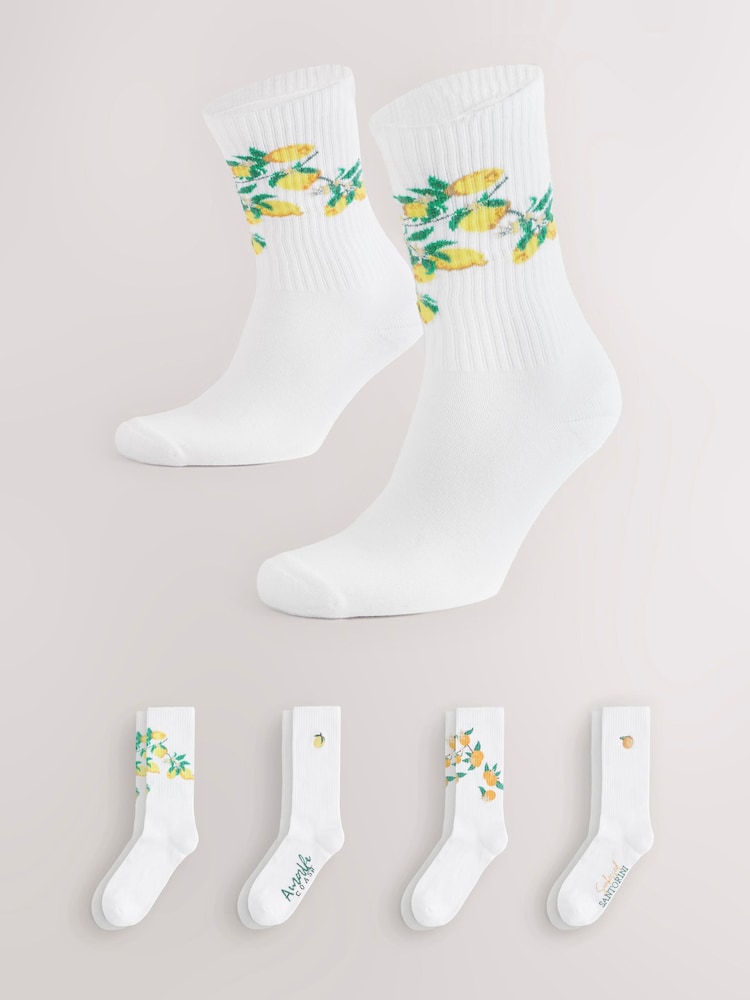White Fruit Pattern Embroidered Sports Socks 4 Pack - Image 1 of 5