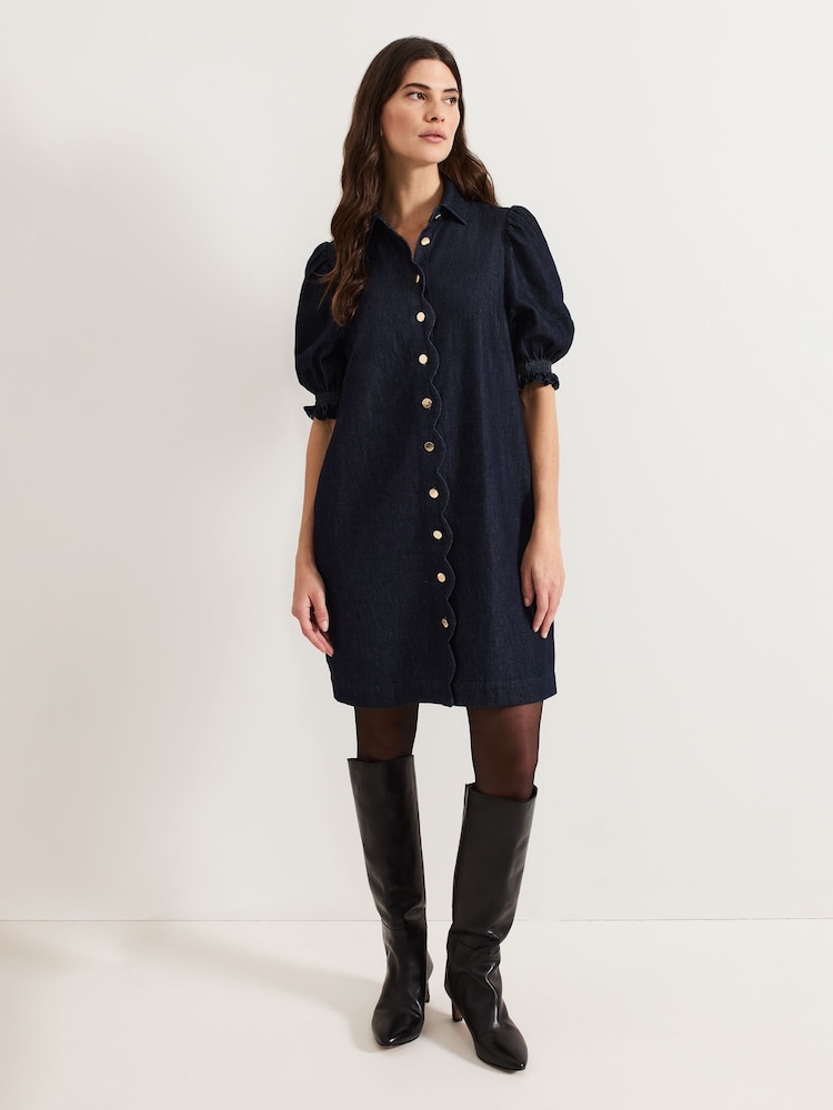 Phase Eight Blue Candice Denim Scallop 100% Cotton Dress - Image 3 of 7
