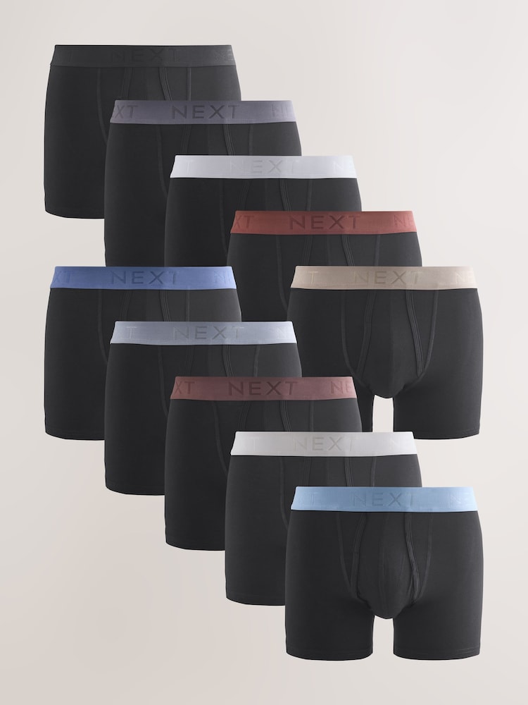 Black Blue/Brown Waistbands 10 pack A-Front Boxers - Image 1 of 14